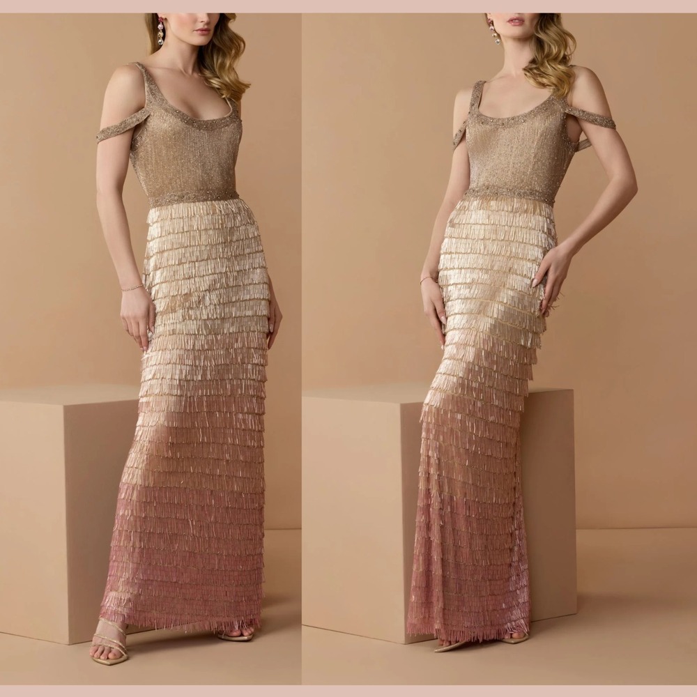 NEW Mac Duggal [ 8 ] 6032 Scoop‎ Neck Embellished Fringe Gown Pink Ombre #J2342